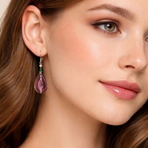 Handmade Glass Beads Teardrop Earrings in Green and Dusty Lavender